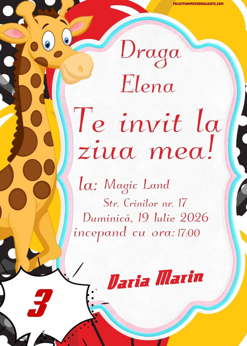 Exemplu completat: Invitație pentru fete