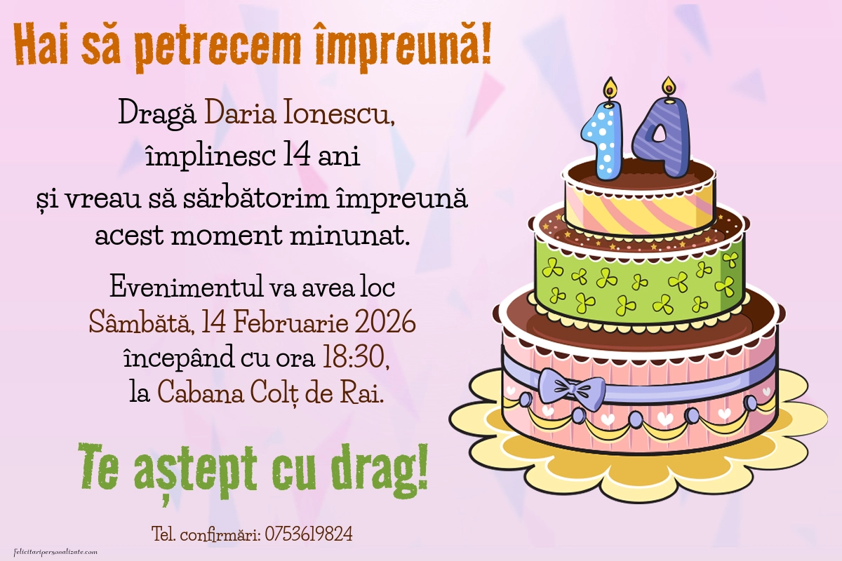 Exemplu completat: Invitație pentru 14 ani