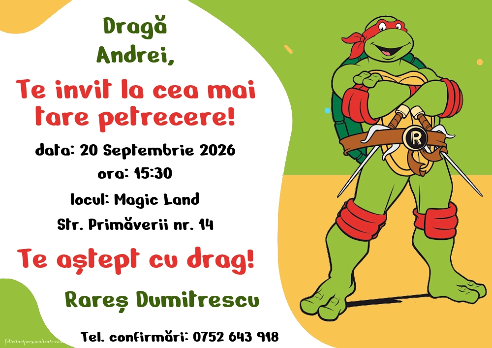 Exemplu completat: Invitație cu Testoasele Ninja