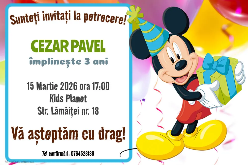 Exemplu completat: Invitație cu Mickey Mouse