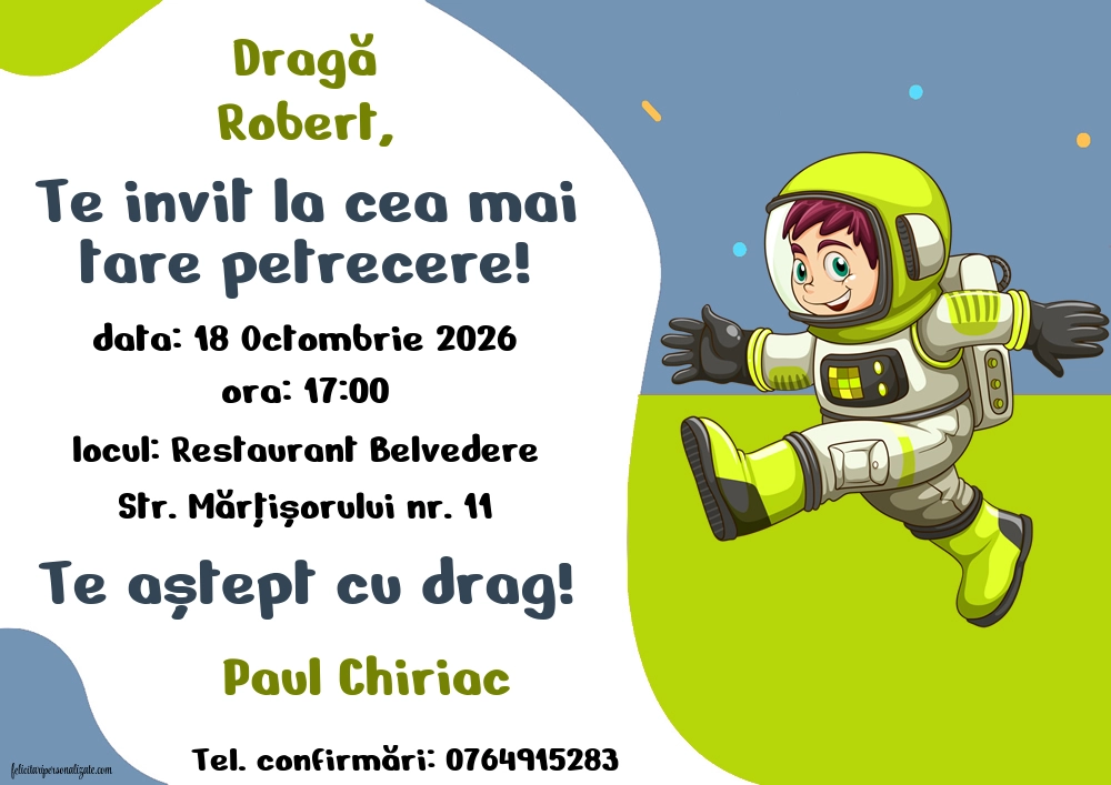 Exemplu completat: Invitație cu cosmonaut