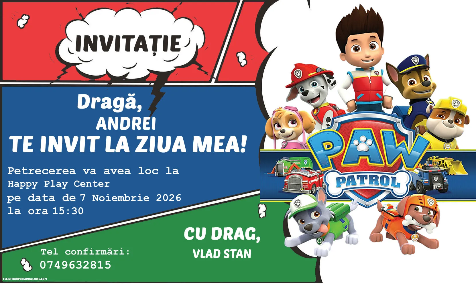 Exemplu completat: Invitație cu Patrula catelusilor