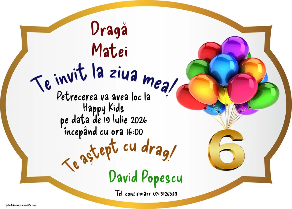 Exemplu completat: Invitație pentru 6 ani