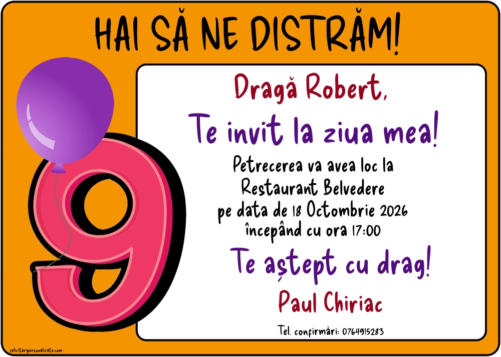Exemplu completat: Invitație pentru 9 ani