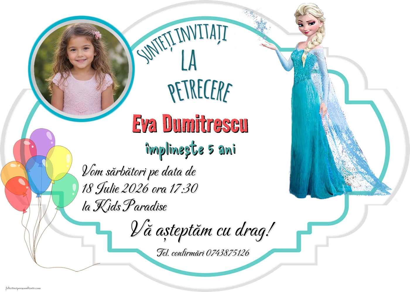 Exemplu completat: Invitație cu frozen