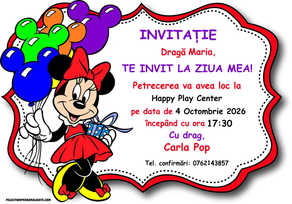 Exemplu completat: Invitație cu Minnie Mouse