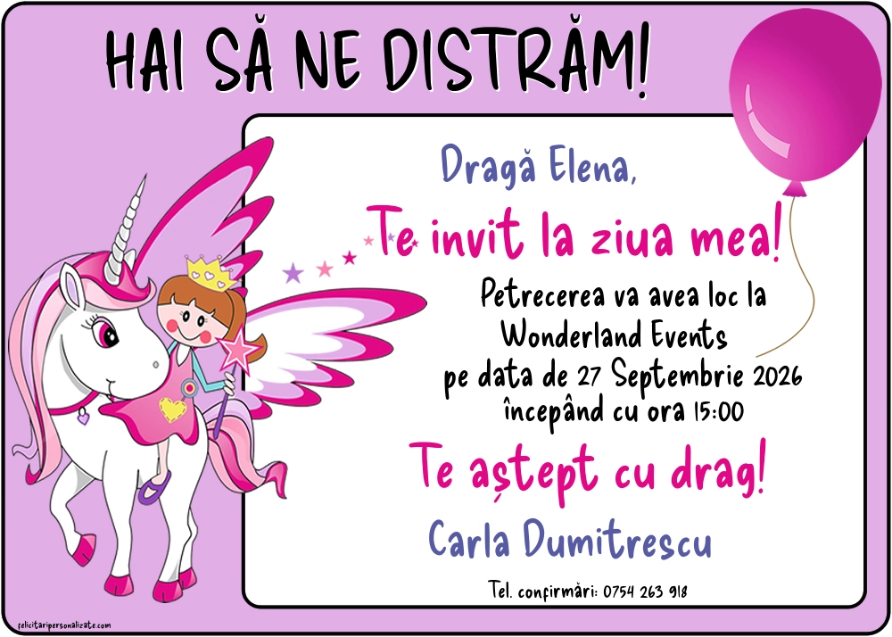 Exemplu completat: Invitație cu unicorn