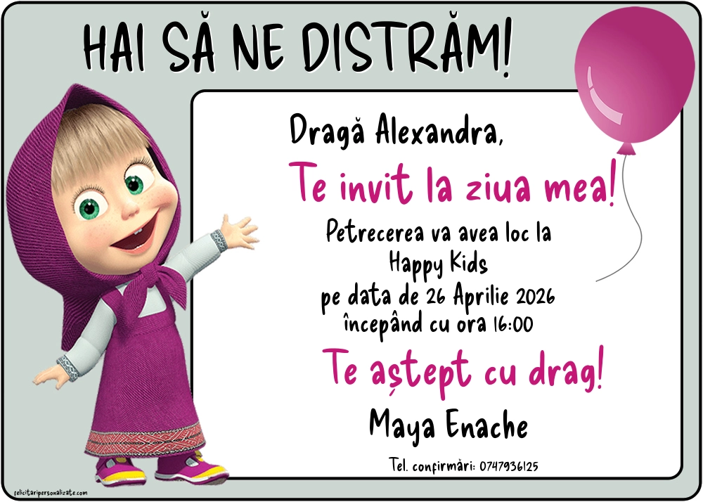Exemplu completat: Invitație cu Masha și ursul