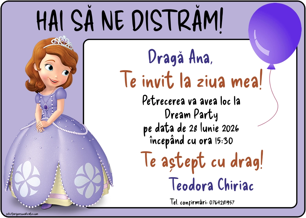 Exemplu completat: Invitație cu Sofia