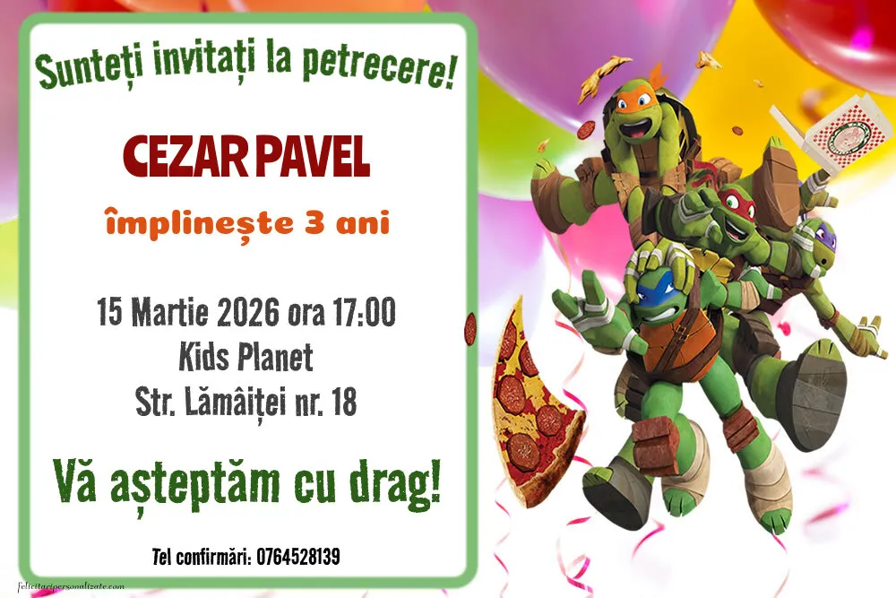 Exemplu completat: Invitație cu Testoasele Ninja