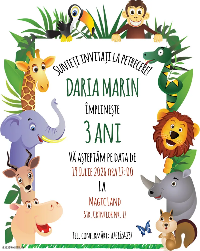 Exemplu completat: Invitație cu tema jungle