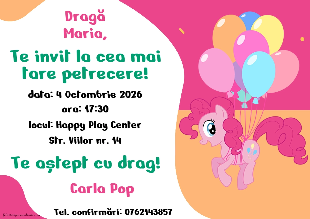 Exemplu completat: Invitație cu unicorn