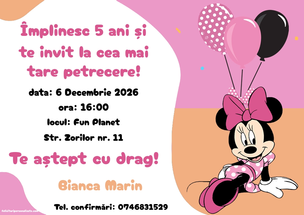 Exemplu completat: Invitație cu Minnie Mouse
