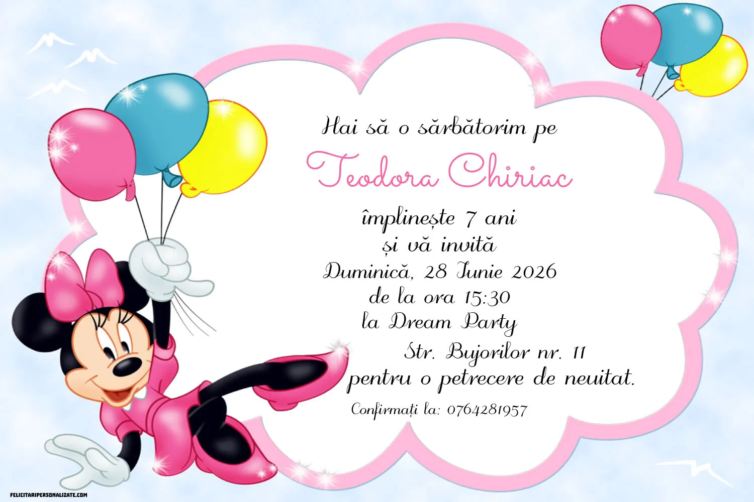 Exemplu completat: Invitație cu Minnie Mouse