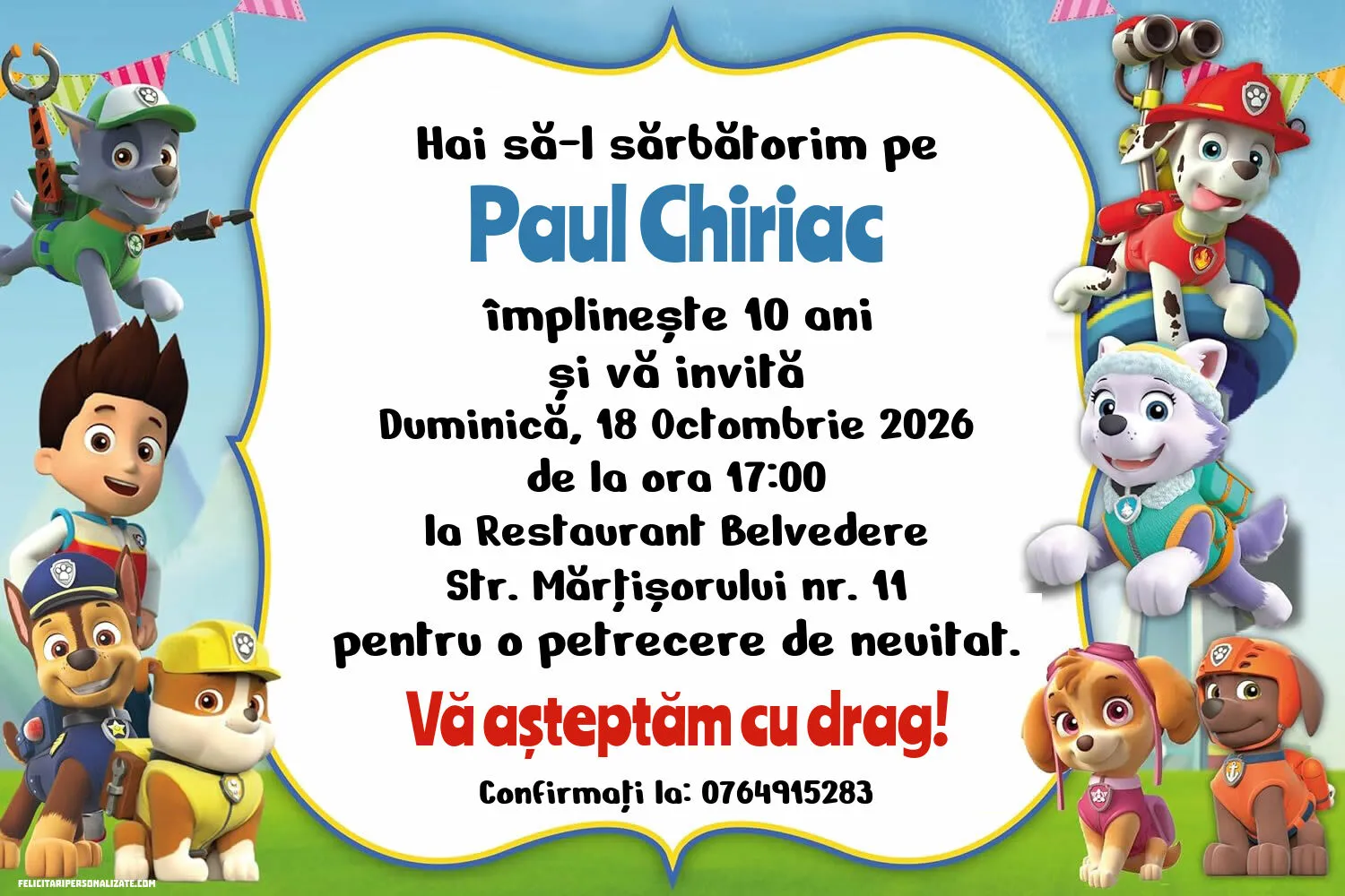 Exemplu completat: Invitație cu Patrula catelusilor