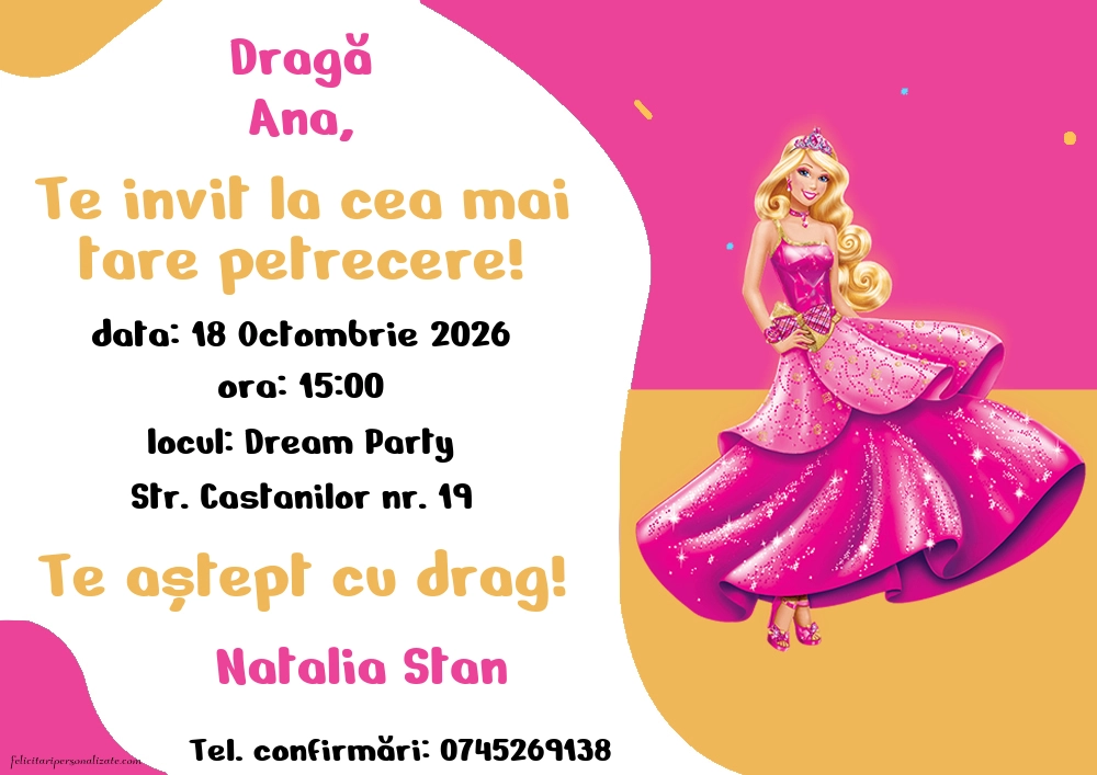Exemplu completat: Invitație cu Barbie