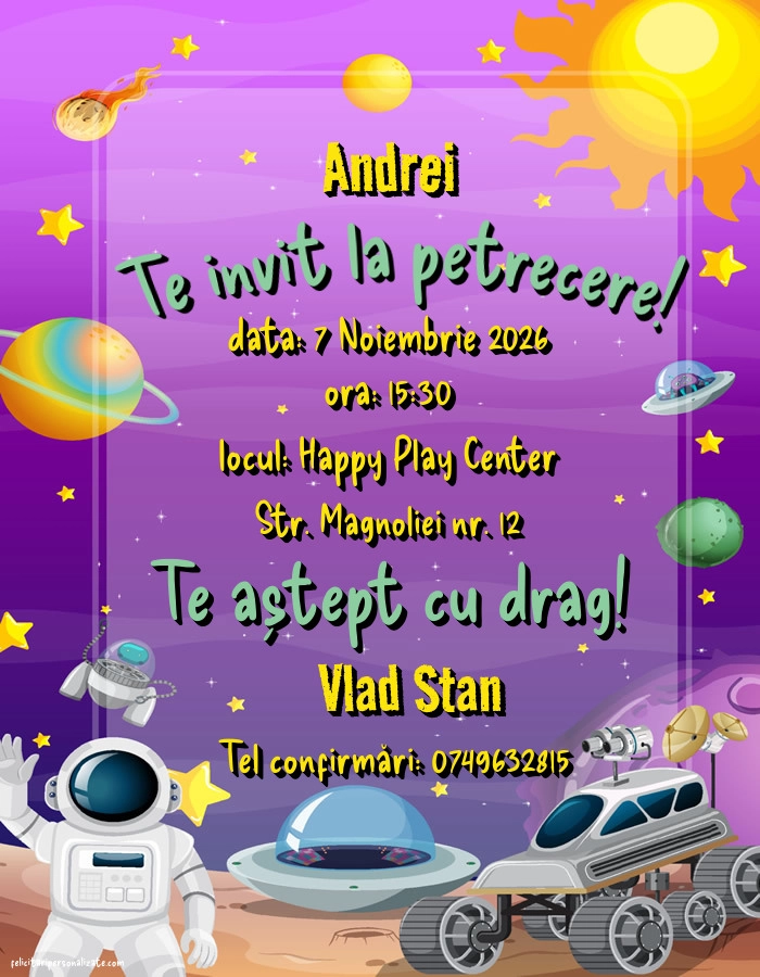 Exemplu completat: Invitație cu tema Cosmos