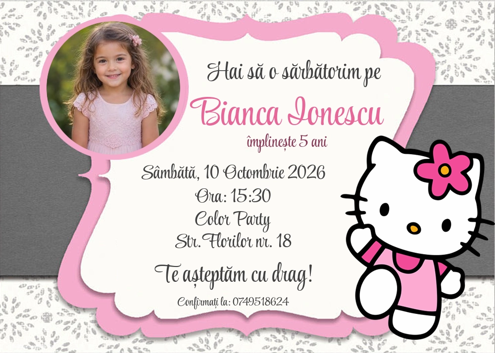 Exemplu completat: Invitație cu Hello Kitty