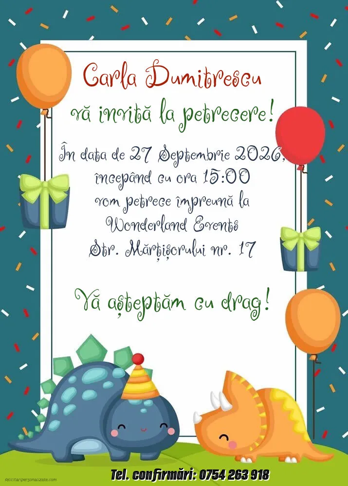 Exemplu completat: Invitație cu dinozaur