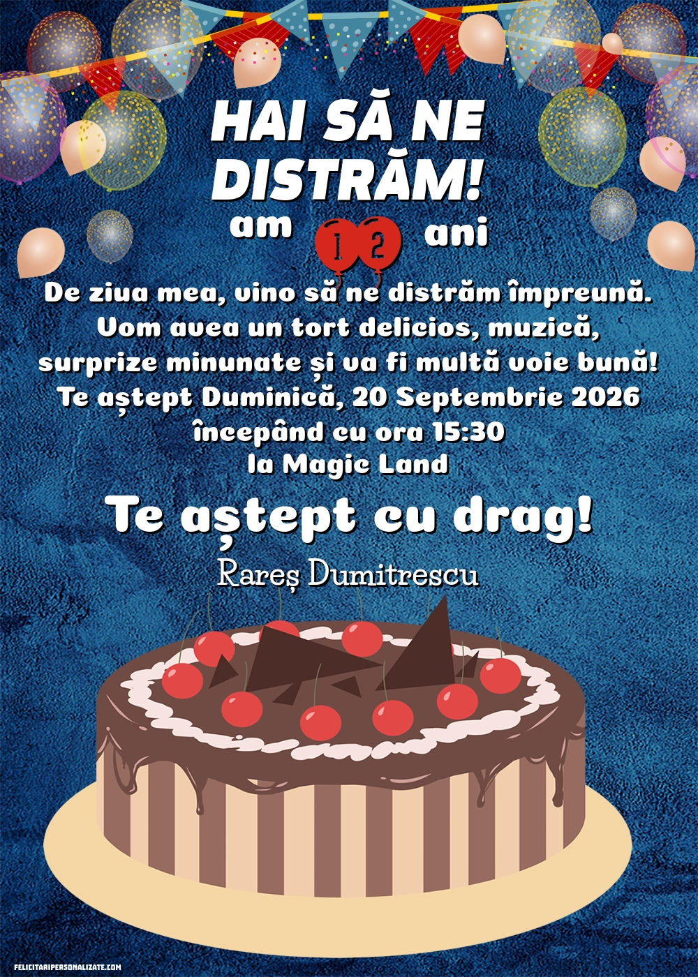 Exemplu completat: Invitație pentru 12 ani