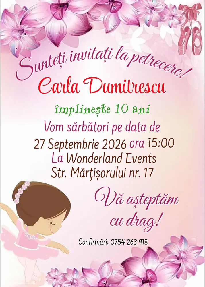 Exemplu completat: Invitație cu balerină