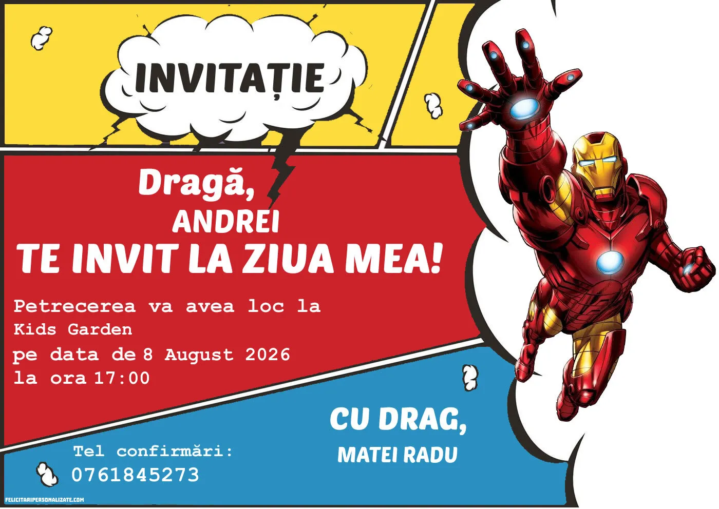 Exemplu completat: Invitație cu Iron Man