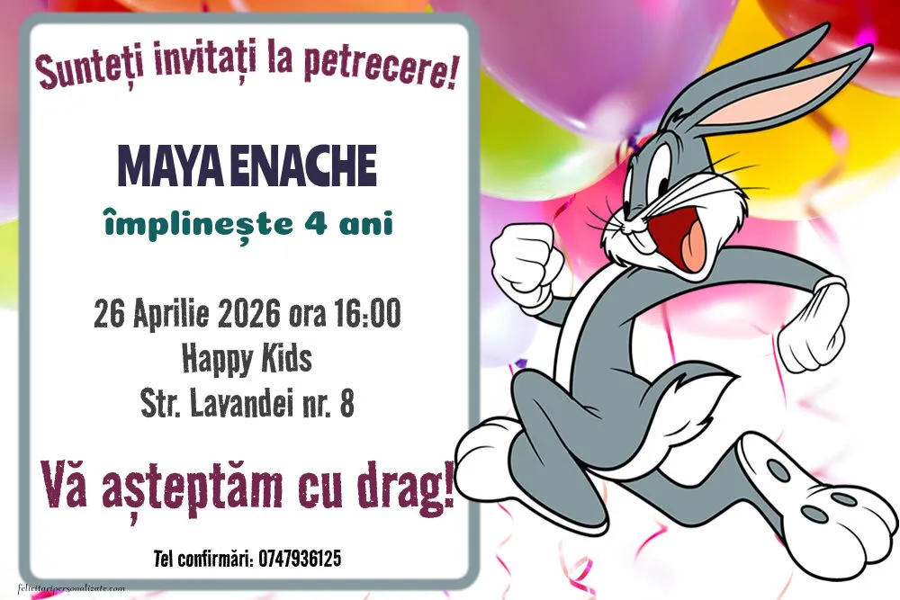 Exemplu completat: Invitație cu Bugs Bunny