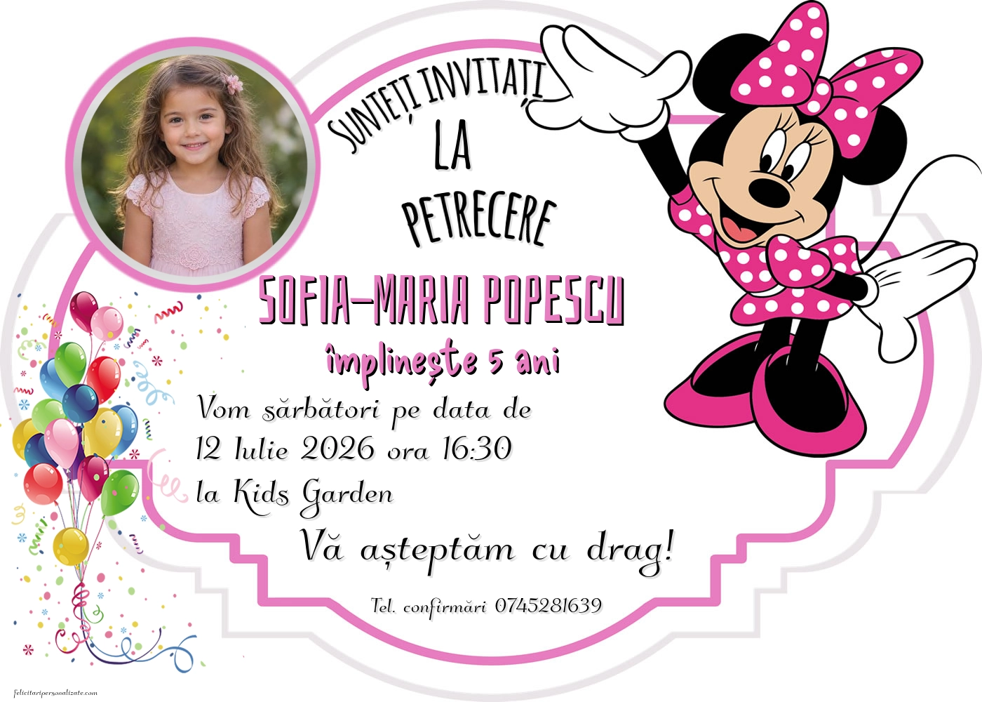 Exemplu completat: Invitație cu Minnie Mouse