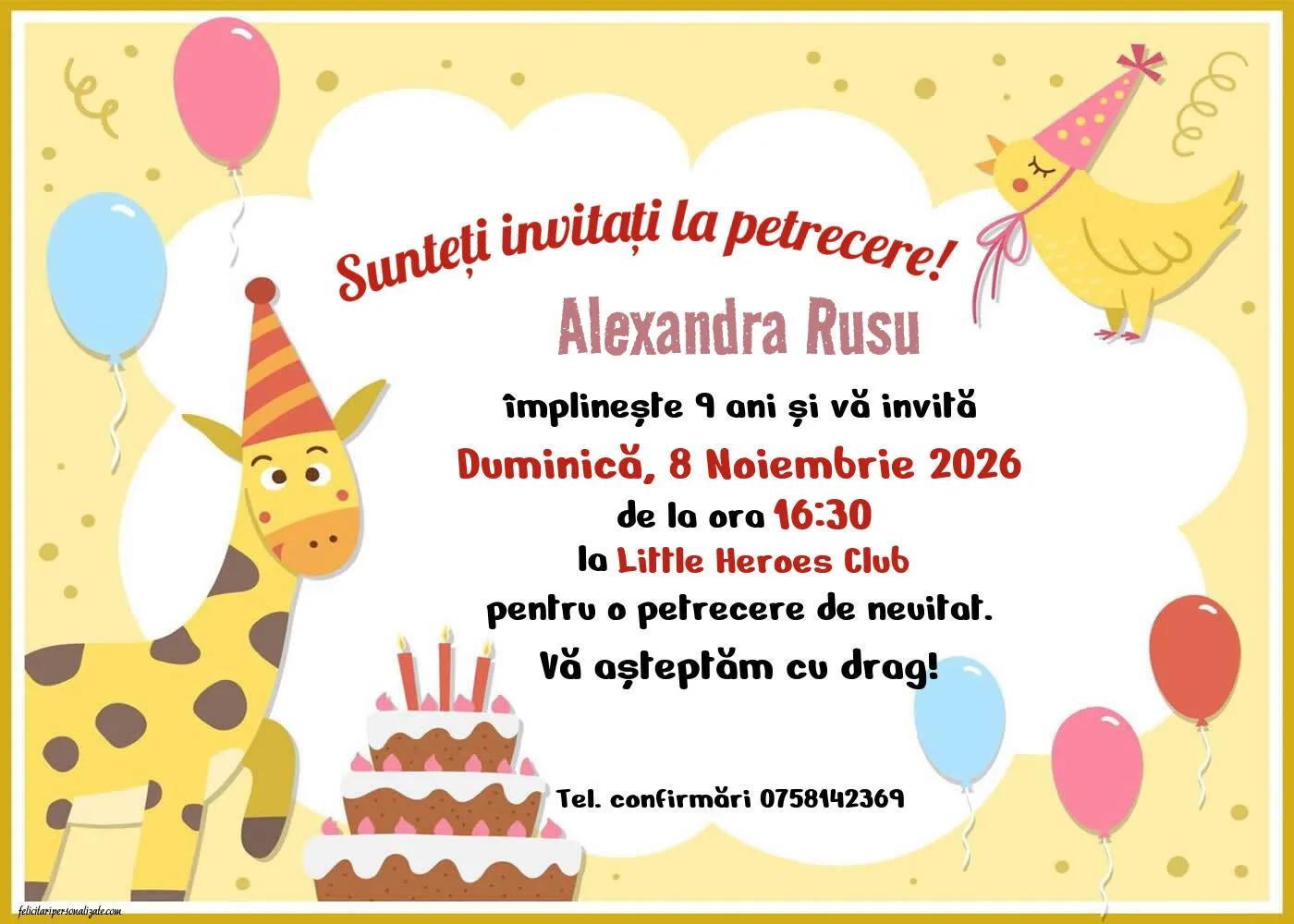 Exemplu completat: Invitație cu girafă