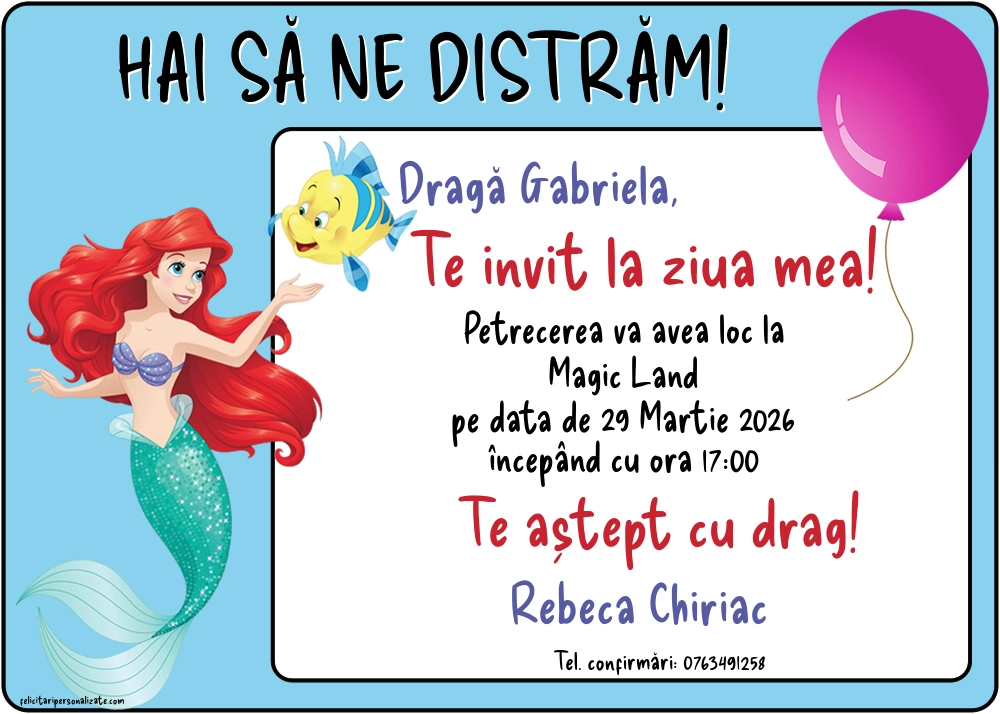 Exemplu completat: Invitație cu Ariel