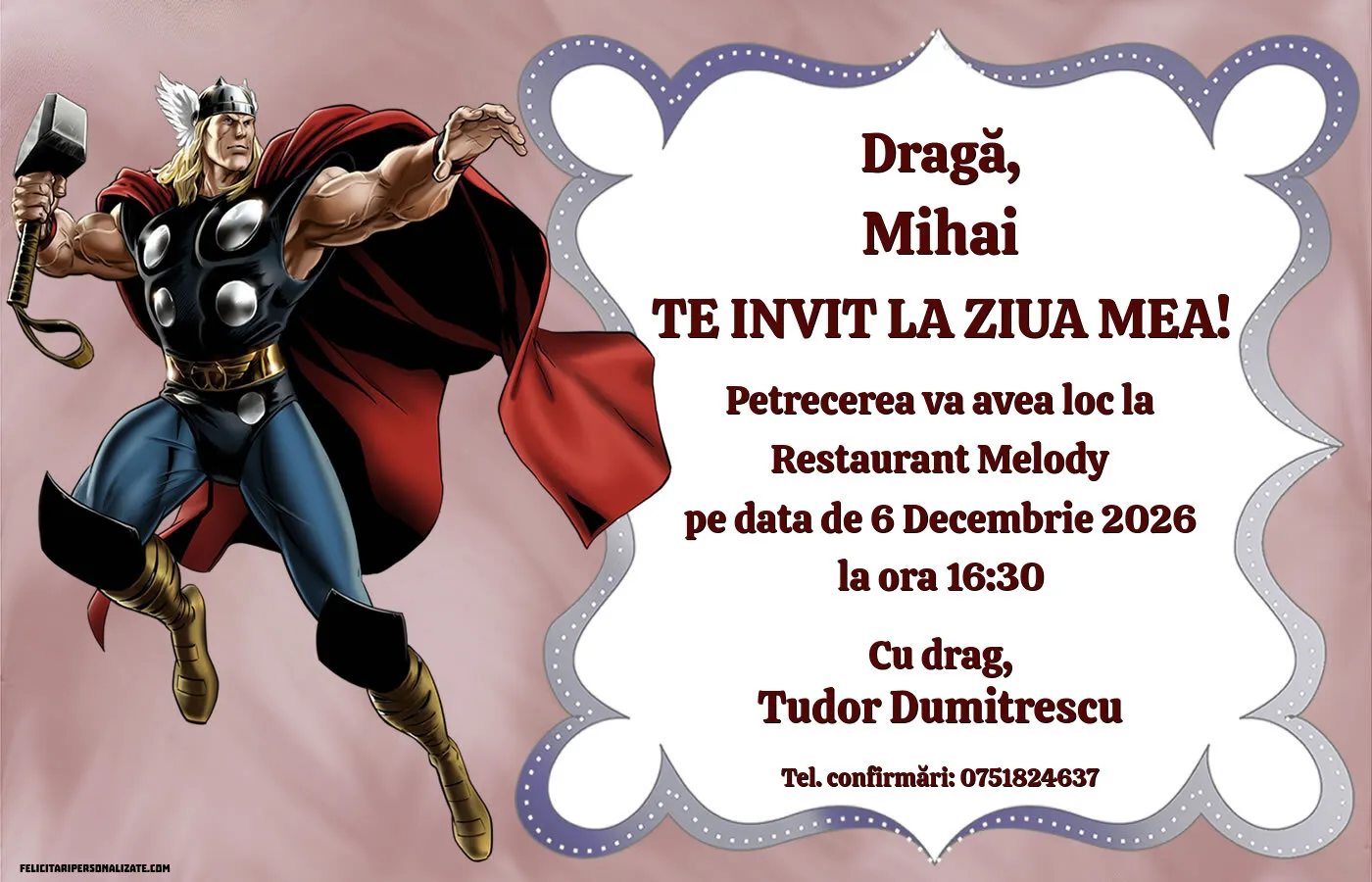 Exemplu completat: Invitație cu Thor