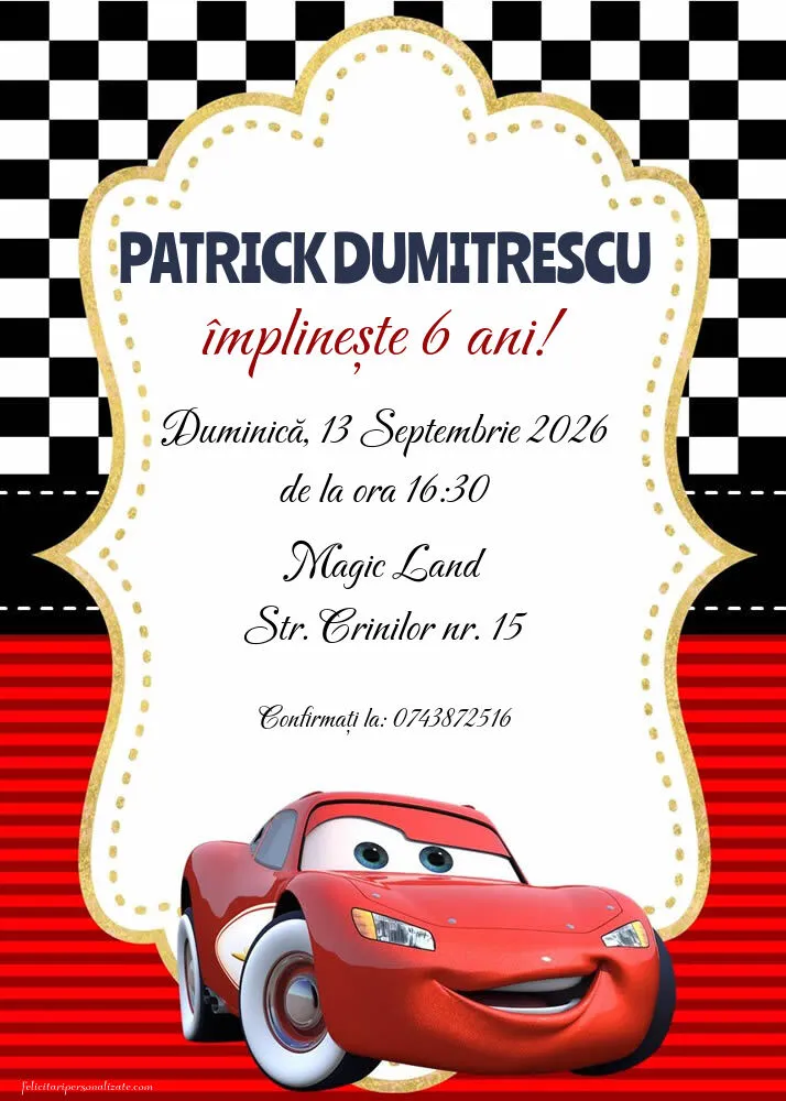 Exemplu completat: Invitație cu Cars