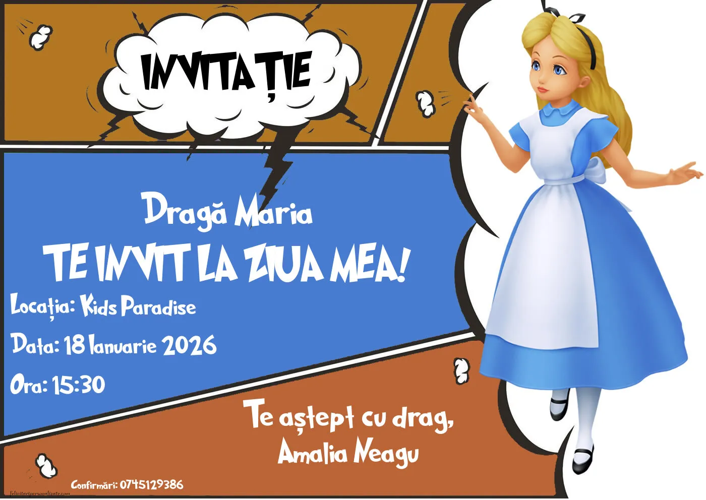 Exemplu completat: Invitație cu Alice în țara minunilor