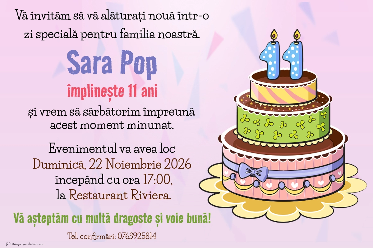 Exemplu completat: Invitație pentru 11 ani