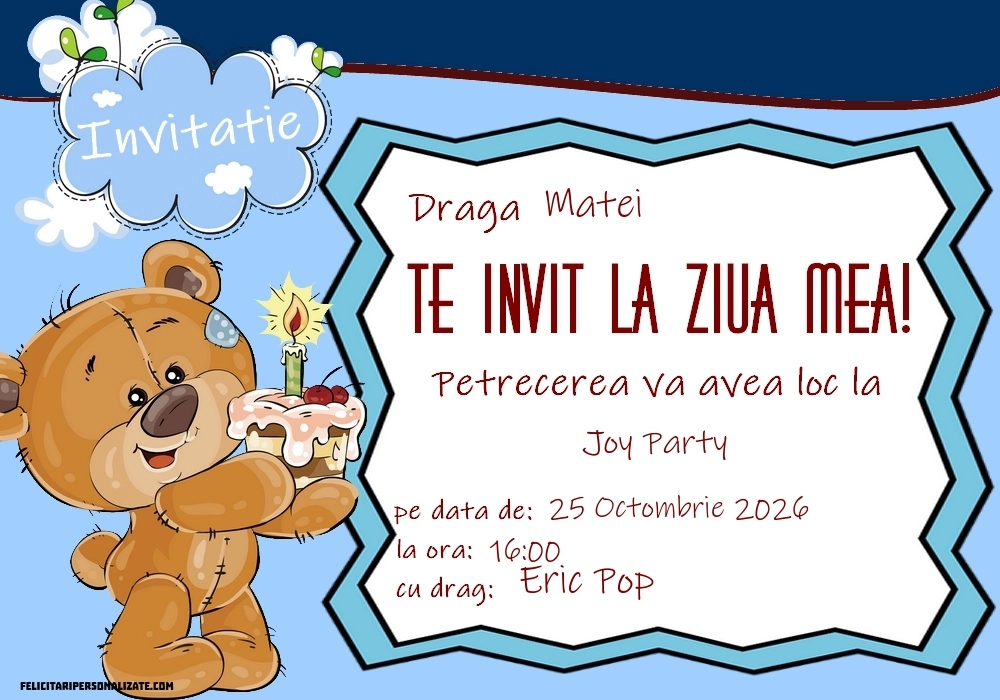 Exemplu completat: Invitație cu Teddy