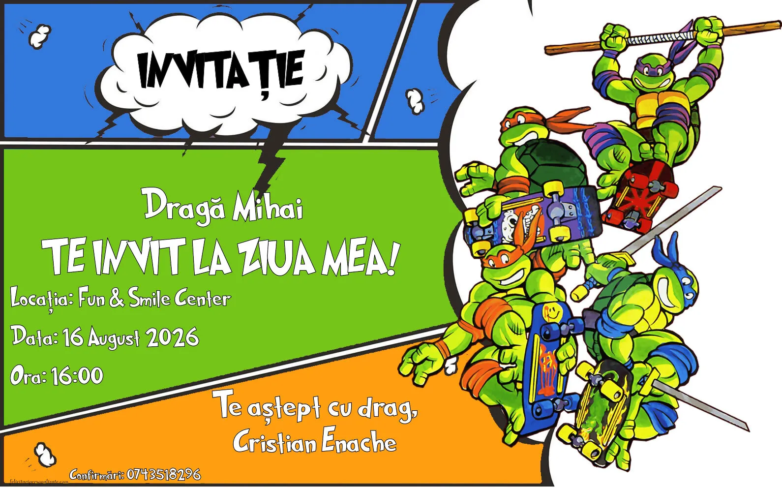 Exemplu completat: Invitație cu Testoasele Ninja