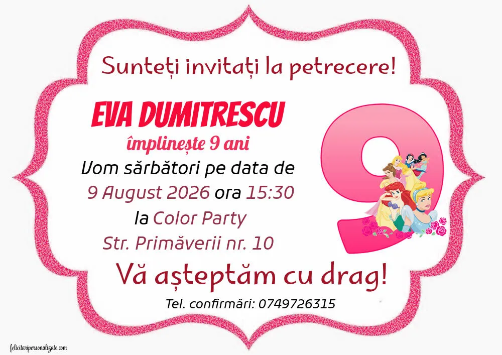 Exemplu completat: Invitație pentru 9 ani