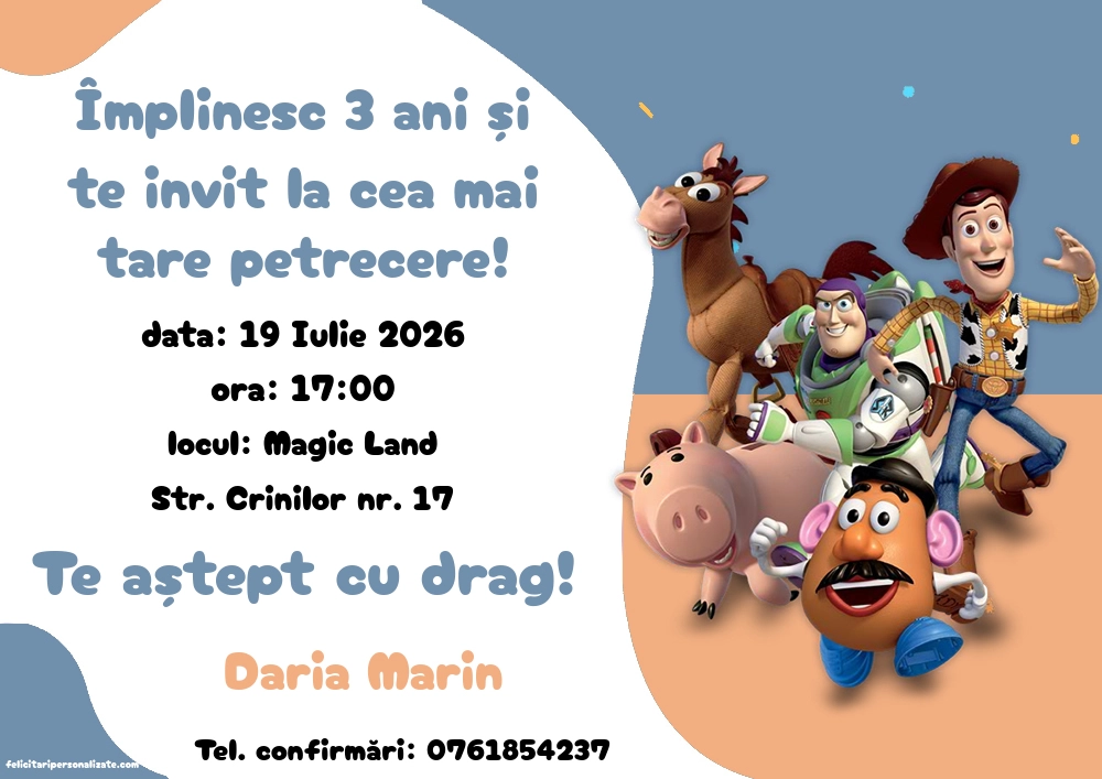 Exemplu completat: Invitație cu Toy Story