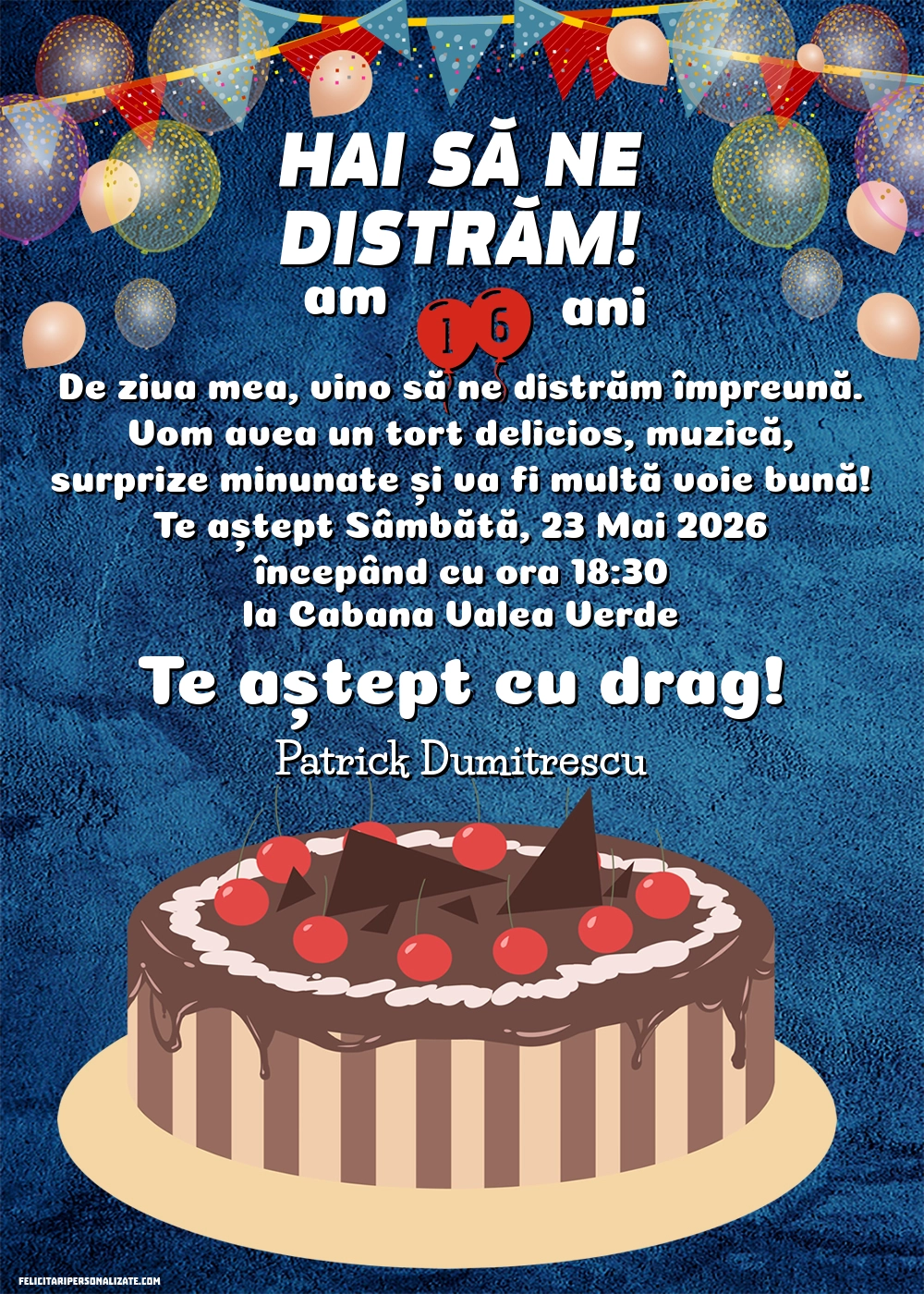 Exemplu completat: Invitație pentru 16 ani