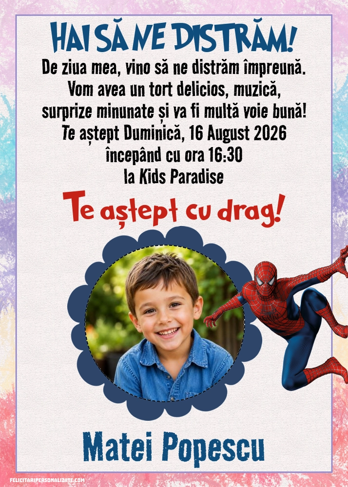 Exemplu completat: Invitație cu Spiderman