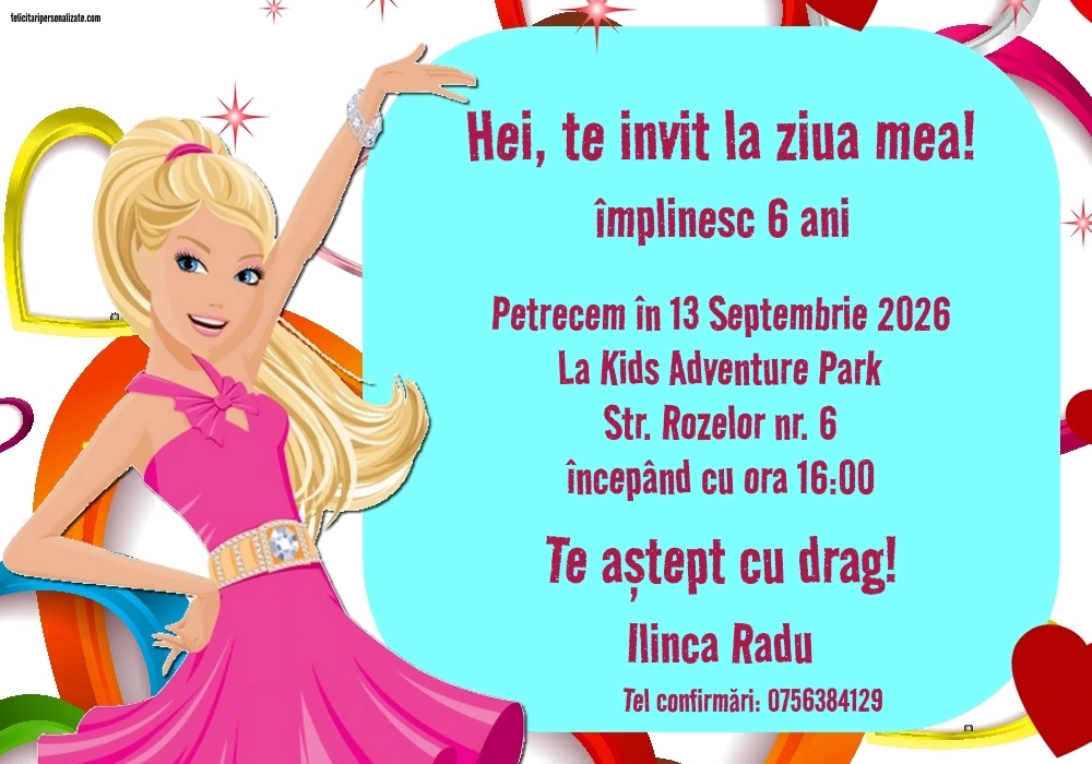 Exemplu completat: Invitație cu Barbie