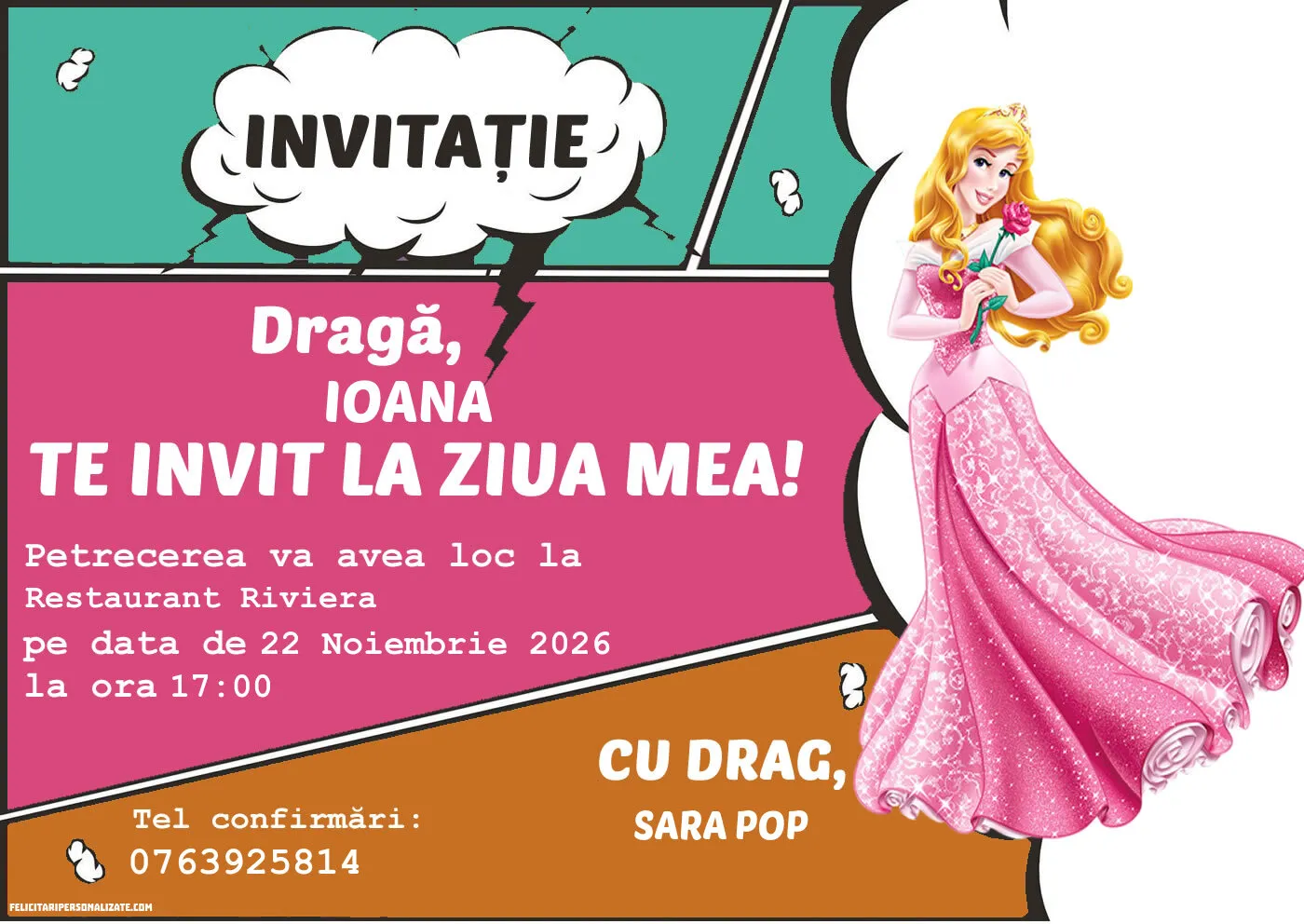 Exemplu completat: Invitație cu Printesa Aurora