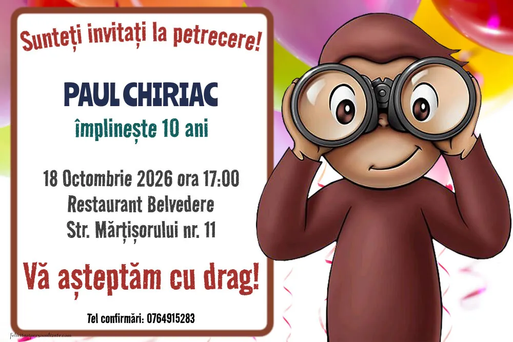 Exemplu completat: Invitație cu Curiosul George