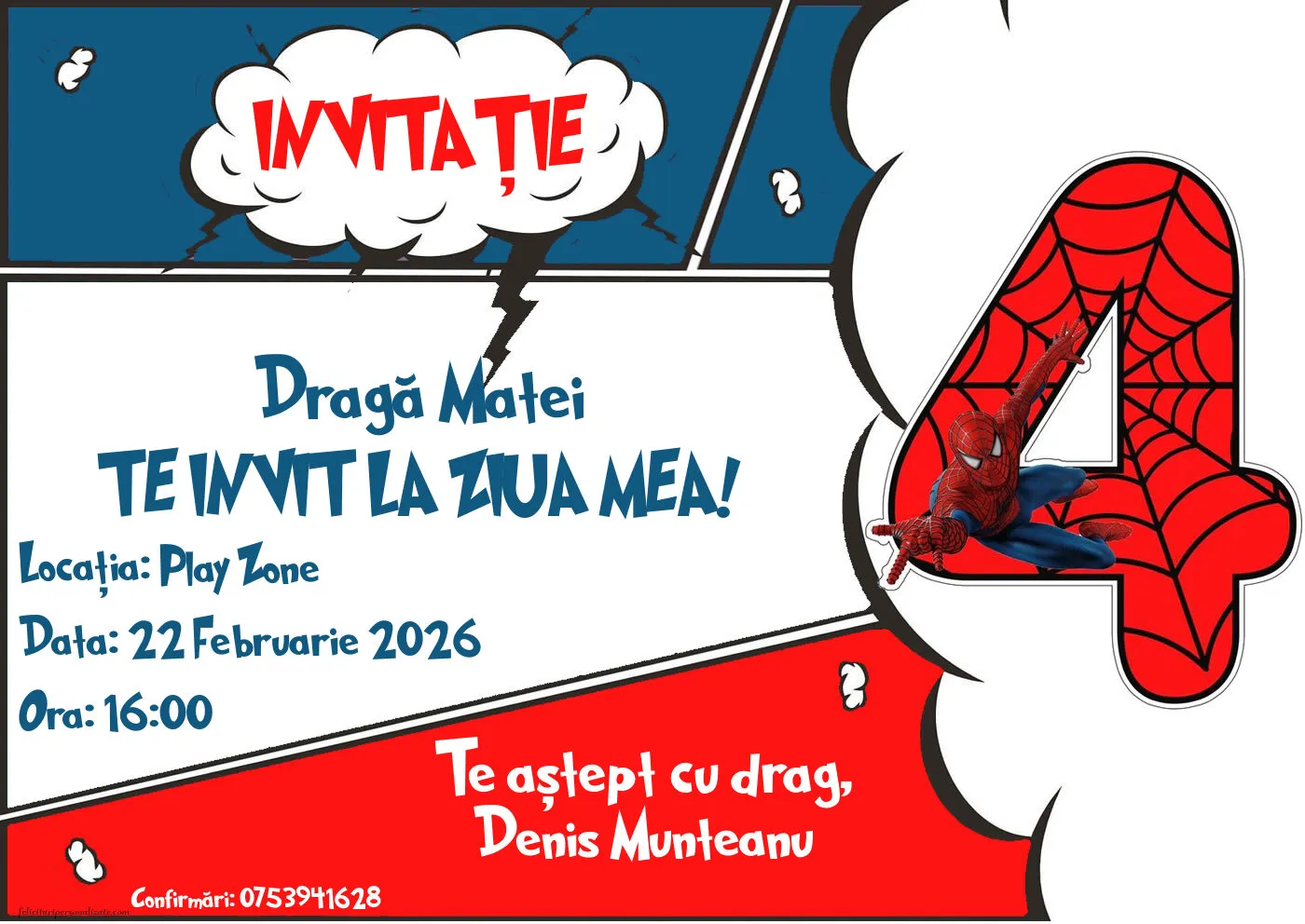 Exemplu completat: Invitație cu Spiderman