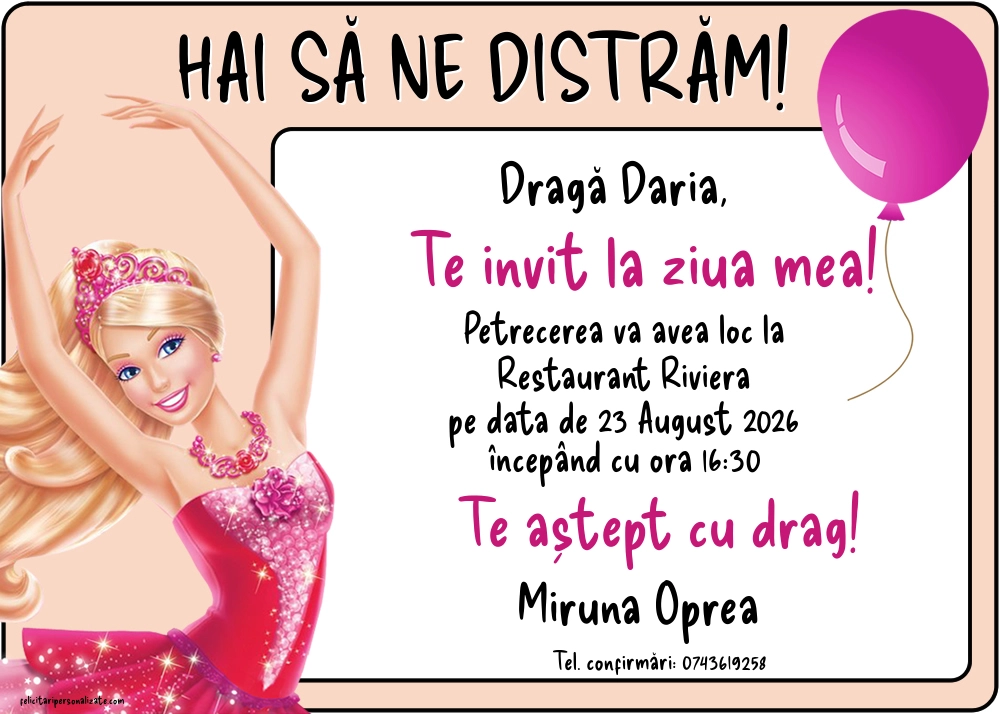 Exemplu completat: Invitație cu Barbie