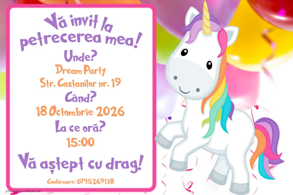 Exemplu completat: Invitație cu unicorn