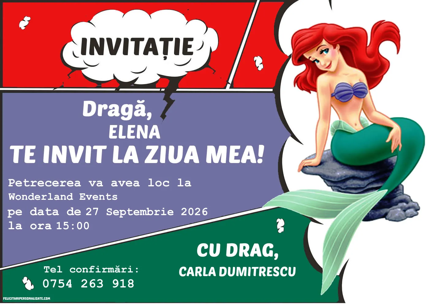 Exemplu completat: Invitație cu Ariel