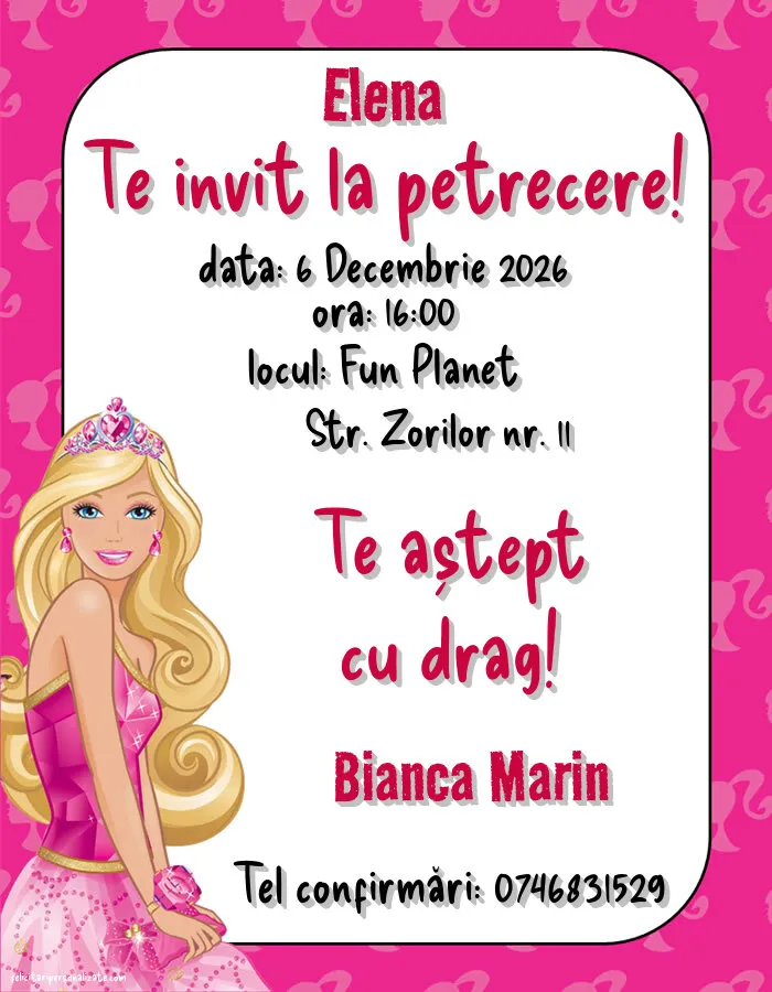 Exemplu completat: Invitație cu Barbie