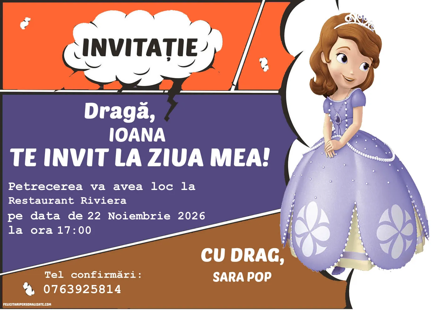 Exemplu completat: Invitație cu Sofia