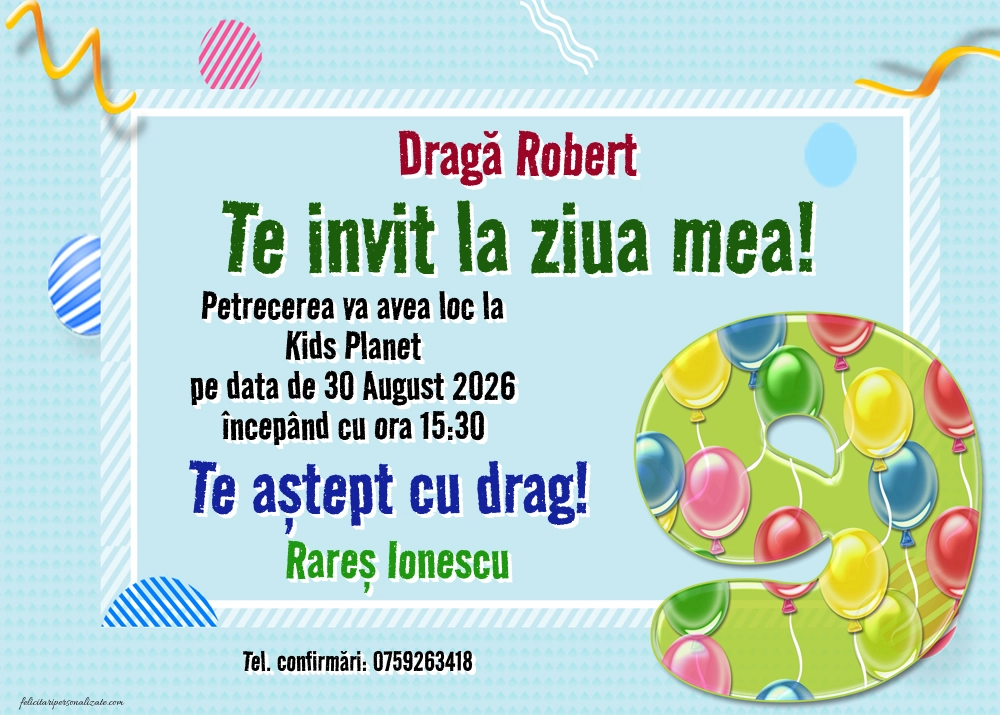 Exemplu completat: Invitație pentru 9 ani